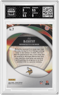 J.J. McCarthy from the 2024 Panini Prizm set graded by Arena Club and given an overall grade of 8.5.