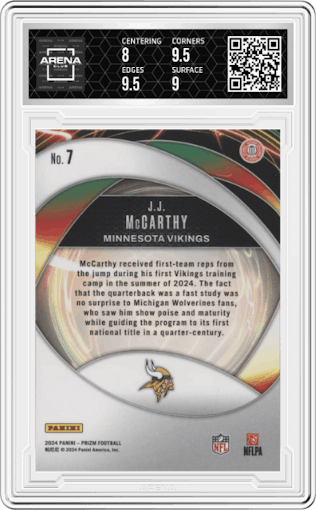 J.J. McCarthy from the 2024 Panini Prizm set graded by Arena Club and given an overall grade of 8.5.