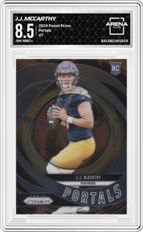 J.J. McCarthy from the 2024 Panini Prizm set graded by Arena Club and given an overall grade of 8.5.