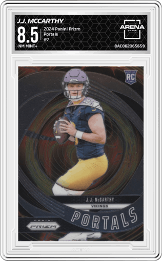 J.J. McCarthy from the 2024 Panini Prizm set graded by Arena Club and given an overall grade of 8.5.