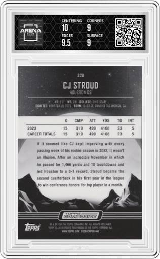 CJ Stroud from the 2024 Topps Motif Composite Football Mixer set graded by Arena Club and given an overall grade of 9.5.
