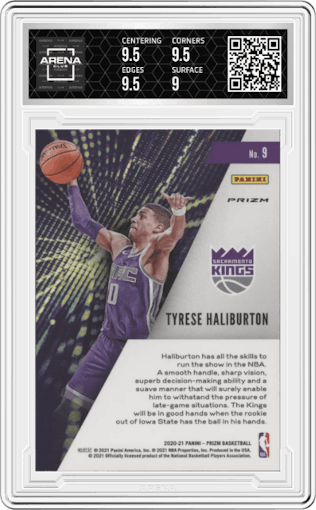 Tyrese Haliburton from the 2020-21 Panini Prizm set featuring a Silver Prizm parallel graded by Arena Club and given an overall grade of 9.5.