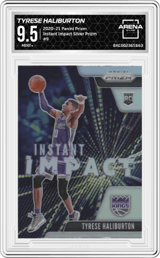 Tyrese Haliburton from the 2020-21 Panini Prizm set featuring a Silver Prizm parallel graded by Arena Club and given an overall grade of 9.5.