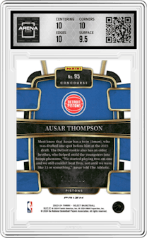 Ausar Thompson from the 2023-24 Panini Select  set featuring a Light Blue Prizm parallel graded by Arena Club and given an overall grade of 10.