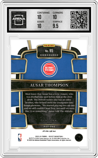 Ausar Thompson from the 2023-24 Panini Select  set featuring a Light Blue Prizm parallel graded by Arena Club and given an overall grade of 10.