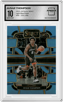 Ausar Thompson from the 2023-24 Panini Select  set featuring a Light Blue Prizm parallel graded by Arena Club and given an overall grade of 10.