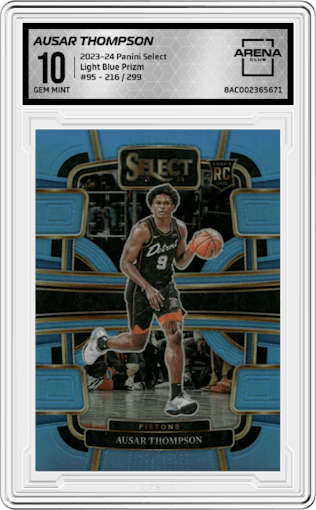 Ausar Thompson from the 2023-24 Panini Select  set featuring a Light Blue Prizm parallel graded by Arena Club and given an overall grade of 10.