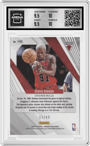 Dennis Rodman from the 2023-24 Panini Phoenix set featuring a Yellow parallel graded by Arena Club and given an overall grade of 10.