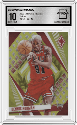 Dennis Rodman from the 2023-24 Panini Phoenix set featuring a Yellow parallel graded by Arena Club and given an overall grade of 10.