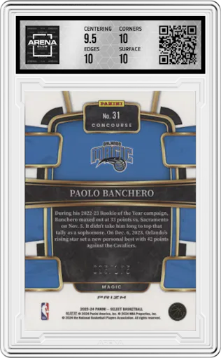  Paolo Banchero from the 2023-24 Panini Select  set featuring a Maroon Prizm parallel graded by Arena Club and given an overall grade of 10.