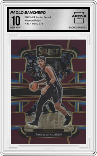  Paolo Banchero from the 2023-24 Panini Select  set featuring a Maroon Prizm parallel graded by Arena Club and given an overall grade of 10.