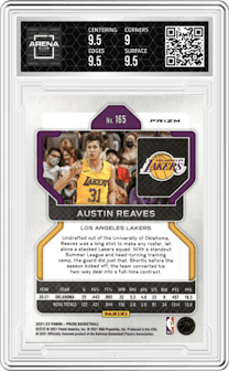 Austin Reaves from the 2021-22 Panini Prizm  set featuring a Factory Box Set parallel graded by Arena Club and given an overall grade of 9.5.