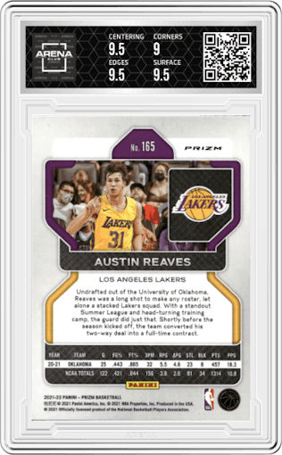 Austin Reaves from the 2021-22 Panini Prizm  set featuring a Factory Box Set parallel graded by Arena Club and given an overall grade of 9.5.