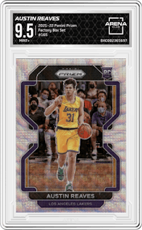 Austin Reaves from the 2021-22 Panini Prizm  set featuring a Factory Box Set parallel graded by Arena Club and given an overall grade of 9.5.