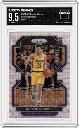 Austin Reaves from the 2021-22 Panini Prizm  set featuring a Factory Box Set parallel graded by Arena Club and given an overall grade of 9.5.