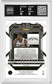 Blake Wesley from the 2022-23 Panini Prizm  set featuring a Blue Sparkle parallel graded by Arena Club and given an overall grade of 9.5.