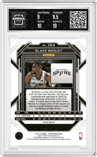 Blake Wesley from the 2022-23 Panini Prizm  set featuring a Blue Sparkle parallel graded by Arena Club and given an overall grade of 9.5.