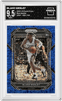 Blake Wesley from the 2022-23 Panini Prizm  set featuring a Blue Sparkle parallel graded by Arena Club and given an overall grade of 9.5.