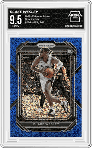 Blake Wesley from the 2022-23 Panini Prizm  set featuring a Blue Sparkle parallel graded by Arena Club and given an overall grade of 9.5.