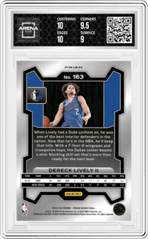 Dereck Lively II from the 2023-24 Panini Prizm set featuring a Red Ice parallel graded by Arena Club and given an overall grade of 9.5.