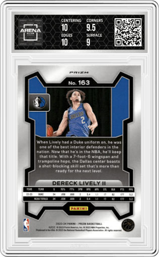 Dereck Lively II from the 2023-24 Panini Prizm set featuring a Red Ice parallel graded by Arena Club and given an overall grade of 9.5.