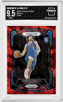 Dereck Lively II from the 2023-24 Panini Prizm set featuring a Red Ice parallel graded by Arena Club and given an overall grade of 9.5.