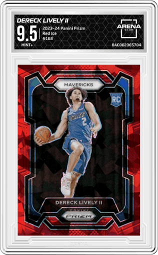 Dereck Lively II from the 2023-24 Panini Prizm set featuring a Red Ice parallel graded by Arena Club and given an overall grade of 9.5.