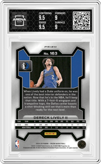 Dereck Lively II from the 2023-24 Panini Prizm set featuring a Red Ice parallel graded by Arena Club and given an overall grade of 9.5.