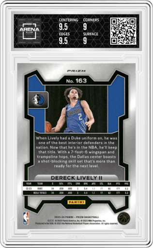 Dereck Lively II from the 2023-24 Panini Prizm set featuring a Red Ice parallel graded by Arena Club and given an overall grade of 9.5.