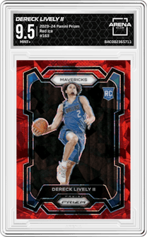 Dereck Lively II from the 2023-24 Panini Prizm set featuring a Red Ice parallel graded by Arena Club and given an overall grade of 9.5.