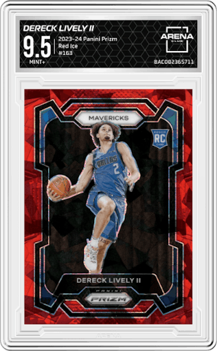 Dereck Lively II from the 2023-24 Panini Prizm set featuring a Red Ice parallel graded by Arena Club and given an overall grade of 9.5.