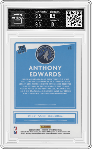 Anthony Edwards from the 2020-21 Panini Donruss Optic set graded by Arena Club and given an overall grade of 9.