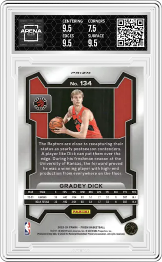 Gradey Dick from the 2023-24 Panini Prizm set featuring a Pink Ice parallel graded by Arena Club and given an overall grade of 8.