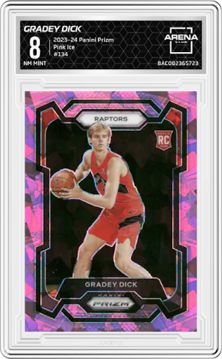 Gradey Dick from the 2023-24 Panini Prizm set featuring a Pink Ice parallel graded by Arena Club and given an overall grade of 8.