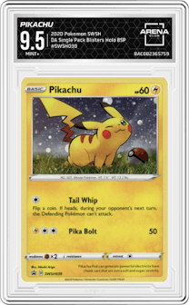 Pikachu from the 2020 Pokemon SWSH set featuring a Darkness Ablaze Single Pack Blisters parallel graded by Arena Club and given an overall grade of 9.5.