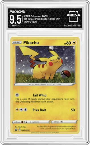 Pikachu from the 2020 Pokemon SWSH set featuring a Darkness Ablaze Single Pack Blisters parallel graded by Arena Club and given an overall grade of 9.5.