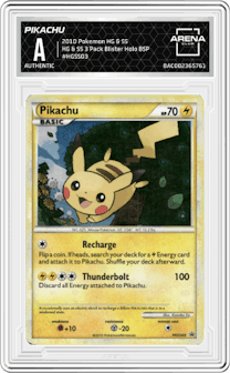 Pikachu from the 2010 Pokemon HG & SS set featuring a HeartGold & SoulSilver Three Pack Blister parallel graded by Arena Club.