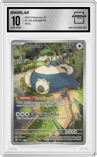 Snorlax from the 2023 Pokemon SV set featuring a Scarlet & Violet 151 Elite Trainer Box parallel graded by Arena Club and given an overall grade of 10.