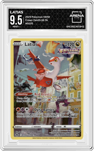 Latias from the 2023 Pokemon SWSH set graded by Arena Club and given an overall grade of 9.5.
