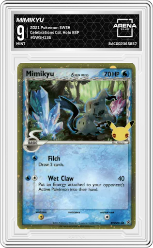 Mimikyu from the 2021 Pokemon SWSH set featuring a Celebrations Collection parallel graded by Arena Club and given an overall grade of 9.
