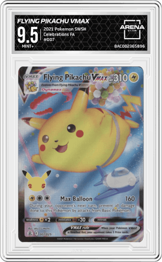 Flying Pikachu VMAX from the 2021 Pokemon SWSH set graded by Arena Club and given an overall grade of 9.5.