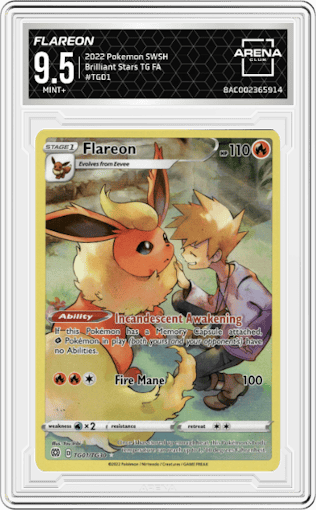Flareon from the 2022 Pokemon SWSH set graded by Arena Club and given an overall grade of 9.5.
