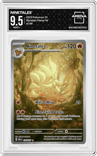 Ninetales from the 2023 Pokemon SV set graded by Arena Club and given an overall grade of 9.5.