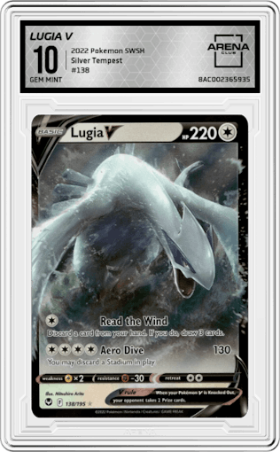 Lugia V from the 2022 Pokemon SWSH set graded by Arena Club and given an overall grade of 10.