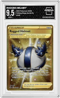 Rugged Helmet from the 2021 Pokemon SWSH set graded by Arena Club and given an overall grade of 9.5.