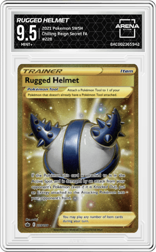 Rugged Helmet from the 2021 Pokemon SWSH set graded by Arena Club and given an overall grade of 9.5.