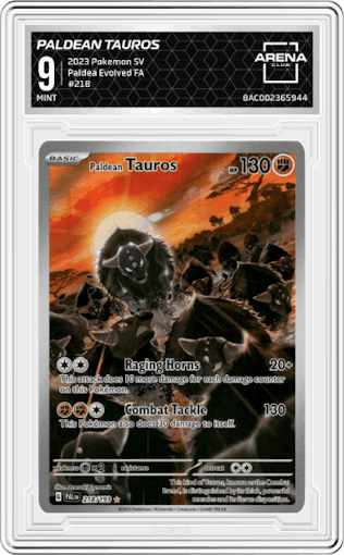 Paldean Tauros from the 2023 Pokemon SV set graded by Arena Club and given an overall grade of 9.