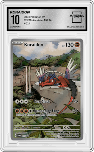 Koraidon from the 2023 Pokemon SV set featuring a Scarlet & Violet Elite Trainer Box (Koraidon) parallel graded by Arena Club and given an overall grade of 10.