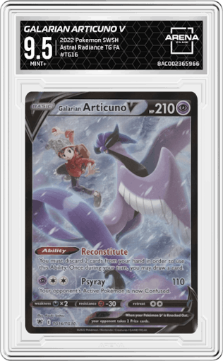 Galarian Articuno V from the 2022 Pokemon SWSH set graded by Arena Club and given an overall grade of 9.5.