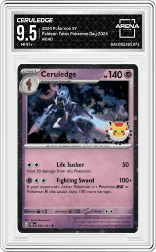 Ceruledge from the 2024 Pokemon SV set featuring a Pokemon Day 2024 parallel graded by Arena Club and given an overall grade of 9.5.